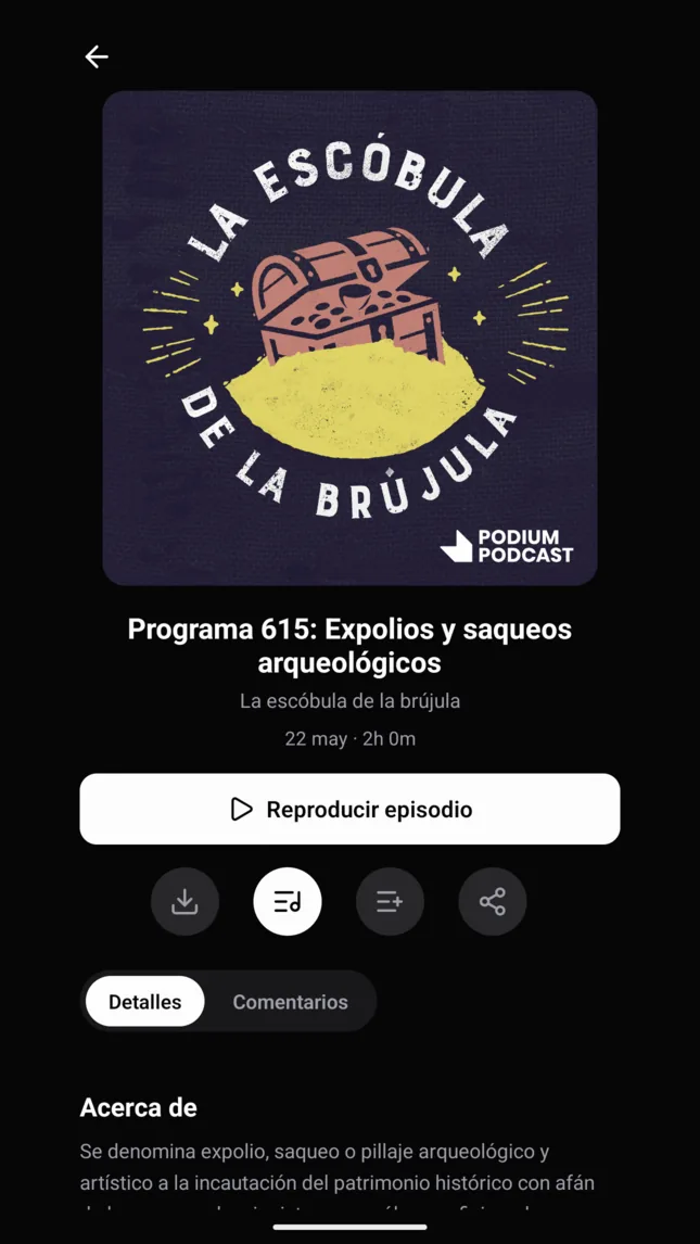 An episode page in the app, with artwork, a play button and a download button