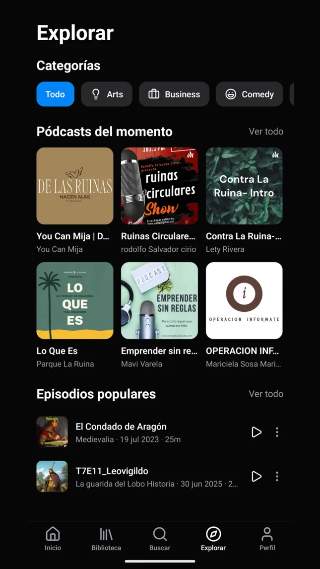 The explore screen in the app, browsing podcasts by category