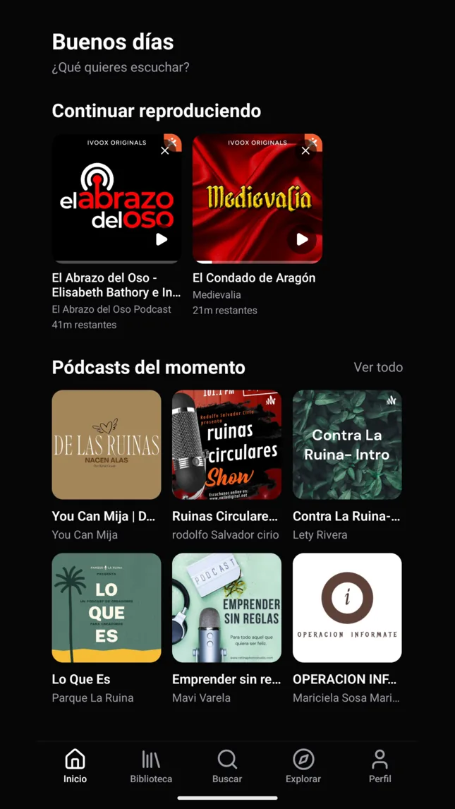 The Onion Podcasts app home screen, with a "continue listening" row and a grid of trending shows