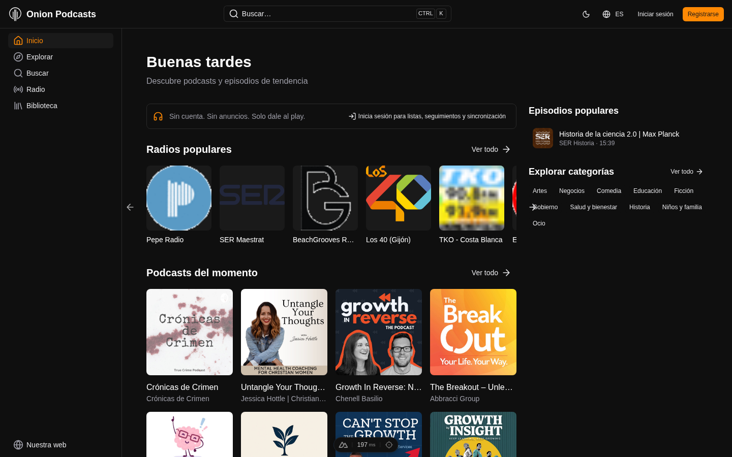 Onion Podcasts platform showing trending podcasts, radios, and categories